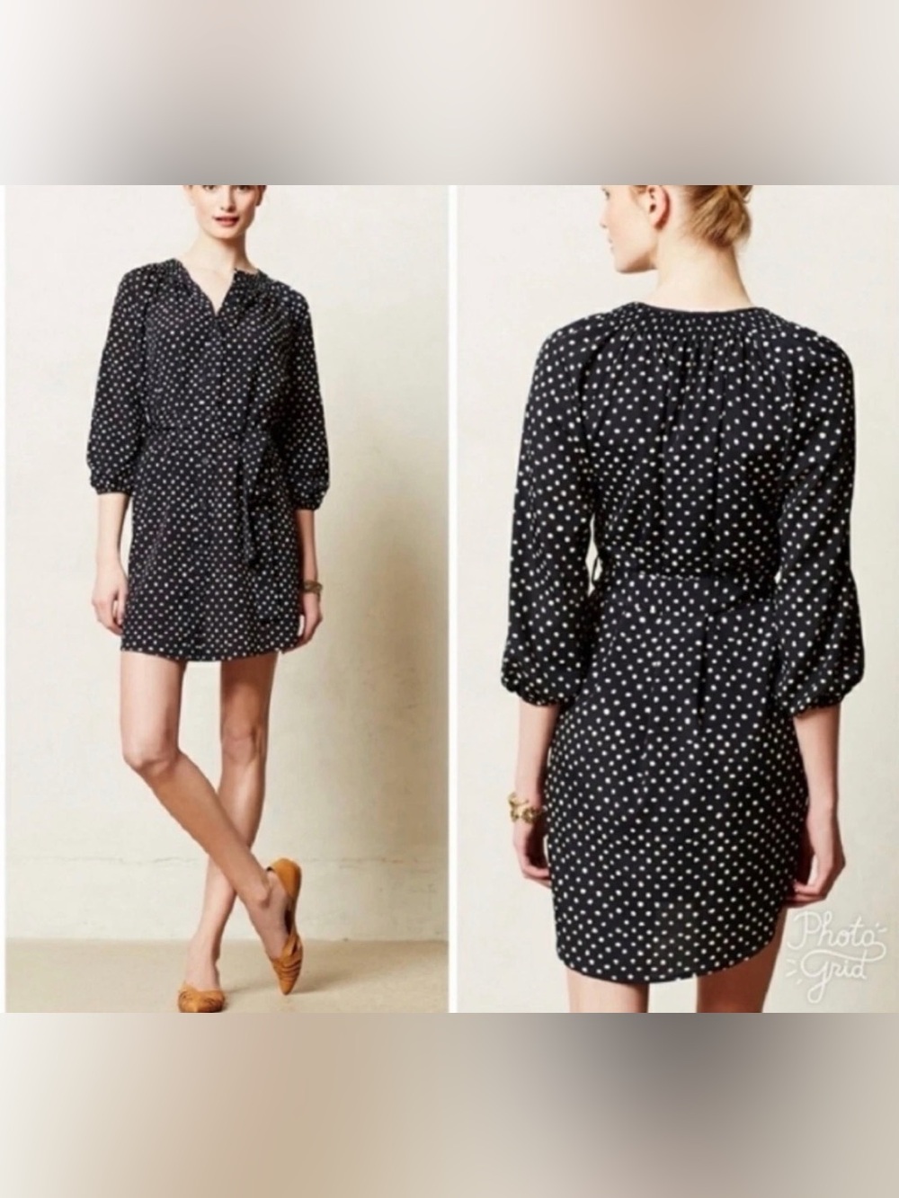 Anthropologie Maeve Navy Button Down Shirt Dress Polka Dot Belted Women's Small - Picture 11 of 11
